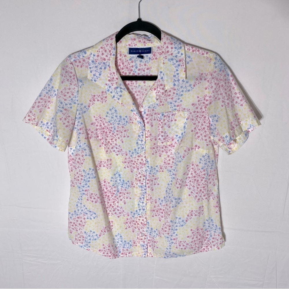 5/$25 Karen Scott Pastel Floral Button Up Short Sleeve Blouse S